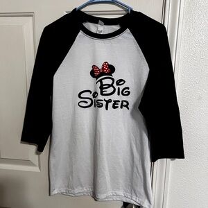 Girls Disney Big Sister Baseball Tee Shirt Black And White Size XL EUC